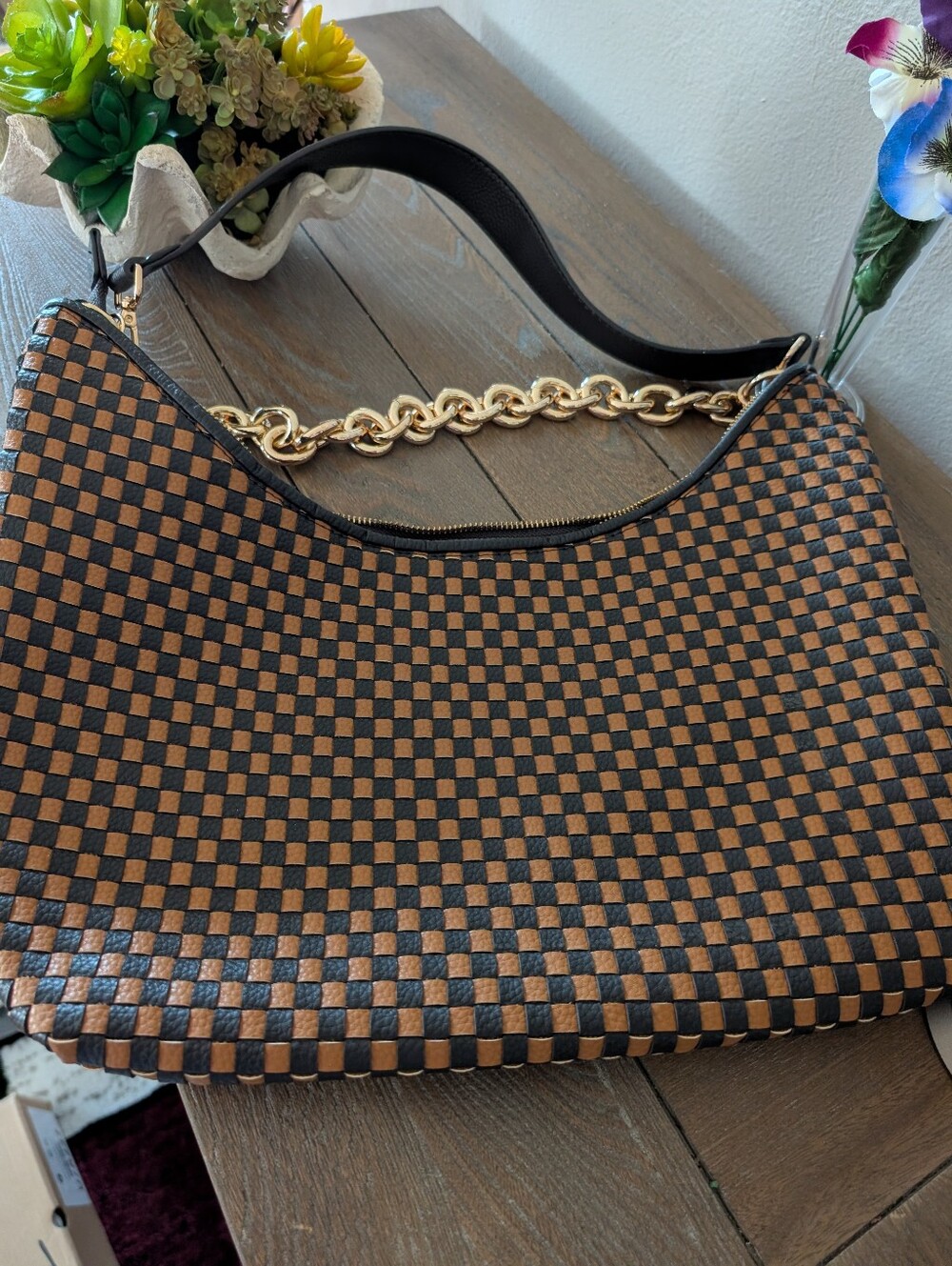 Woven Check Shoulder Bag in Black and Brown with Gold Chain